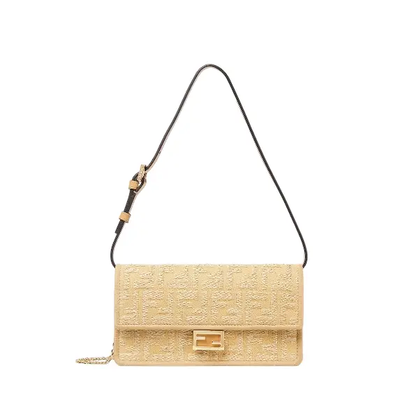 Wallet On Chain Baguette Jacquard fabric wallet with raffia FF Wallet On Chain Baguette Jacquard fabric wallet with raffia FF