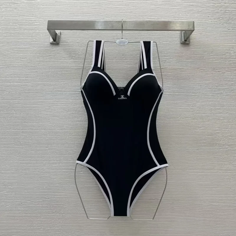 Chanel Black & White Striped High-Waisted Bikini – Elegant One-Piece Beachwear in Dubai UAE