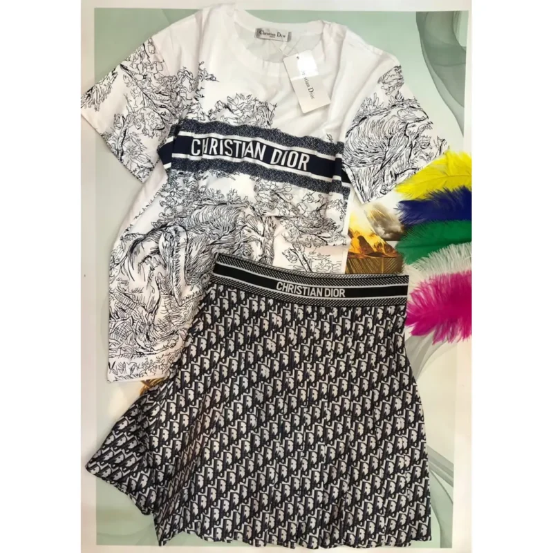 Christian Dior-Inspired Summer 2-Piece Set – Luxury Short-Sleeved Top & Skirt Designer Outfit for Women in Dubai UAE
