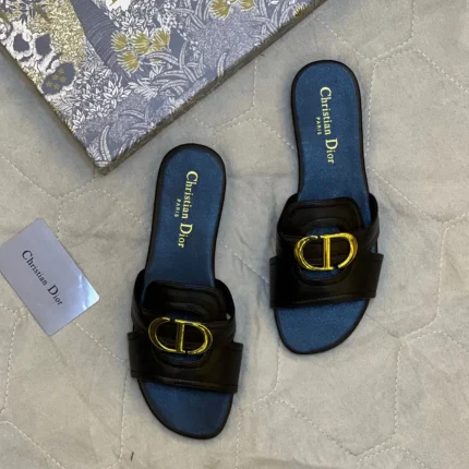 Dior 30 Montaigne Heeled Slides – Black Calfskin with "CD" Clasp in Dubai UAE