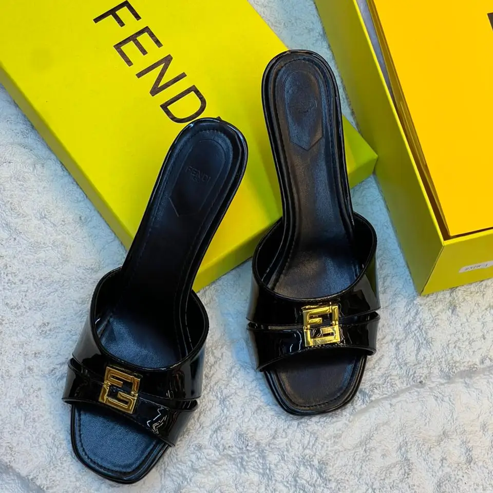 Fendi Women's Black Leather Square Toe Slides – Glossy Finish with Iconic Logo Detail in Dubai UAE
