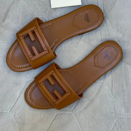 Fendi Women's FF Logo Slides – Brown Leather with Iconic Karl Lagerfeld Design in Dubai UAE