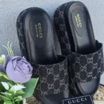 Gucci Angelina Platform Slides – Black & Gray Logo-Jacquard Canvas for Women in Dubai UAE