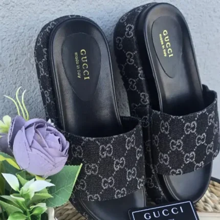 Gucci Angelina Platform Slides – Black & Gray Logo-Jacquard Canvas for Women in Dubai UAE