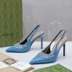 Gucci Light Blue Patent Leather Slingback Heels – Crystal-Embellished Pointed Toe Elegance in Dubai UAE