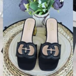 Gucci Women's Double G Leather Slides – Black Strap with Heel in Dubai UAE