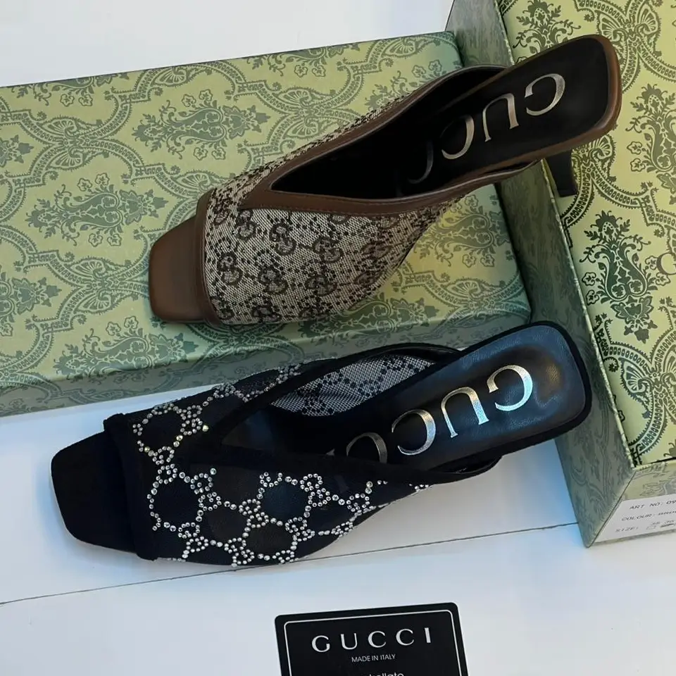 Gucci Women's GG Canvas Peep-Toe Heeled Mules – Iconic Monogram with Leather Trim in Dubai UAE