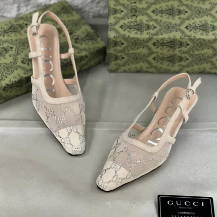 Gucci Women’s GG Slingback Pumps – Rose Beige Mesh with Crystal Embellishments & 4cm Kitten Heel in Dubai UAE