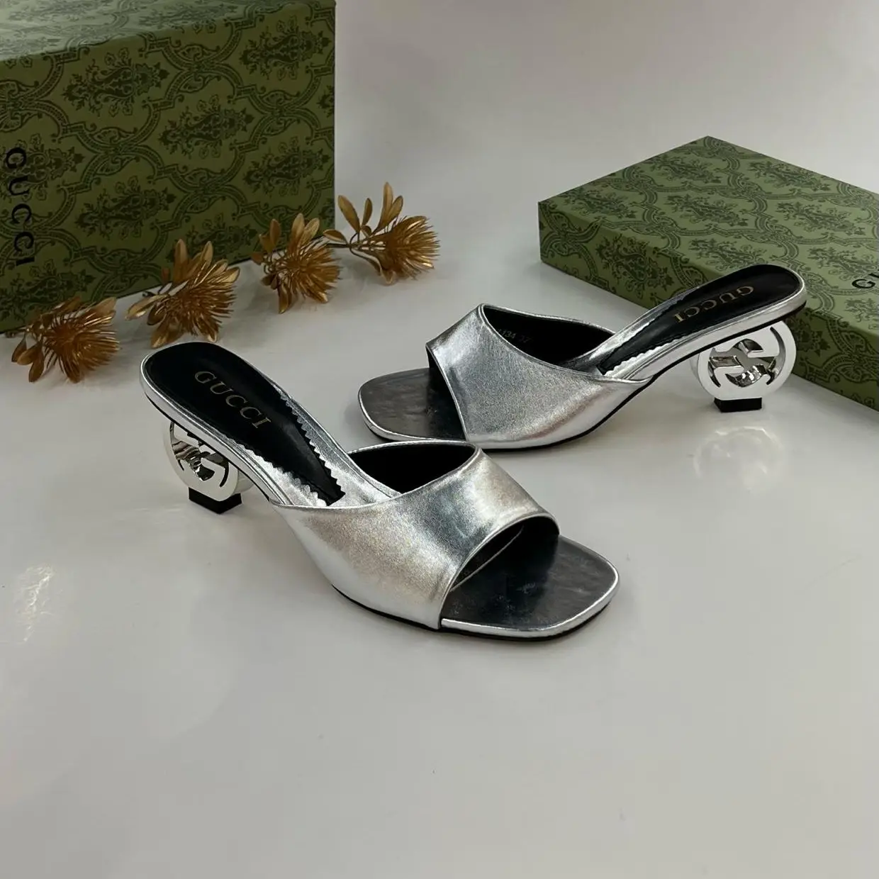 Gucci Women’s Interlocking G Heel Sandals – Silver Metallic with Signature Logo Heel in Dubai UAE