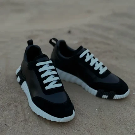 Hermès Bouncing Sneakers – Black Leather & Suede with White Laces and Sole in Dubai UAE