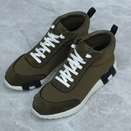 Hermès Bouncing Sneakers – Olive Green Suede & Technical Fabric with White Laces in Dubai UAE