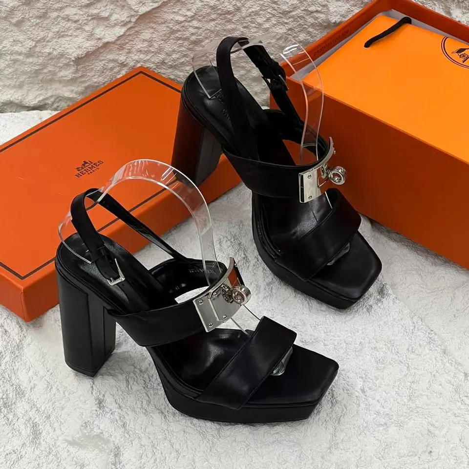 Hermès Ilona 90 Sandals – Black Leather Block Heel Sandals with Silver Kelly Lock in Dubai UAE