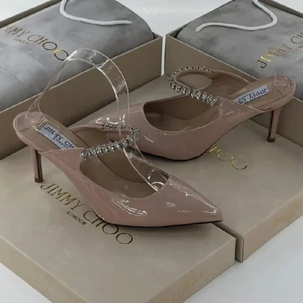 Jimmy Choo Bing 100 Ballet Pink Patent Leather Mules – Crystal Strap Stiletto Heels in Dubai UAE