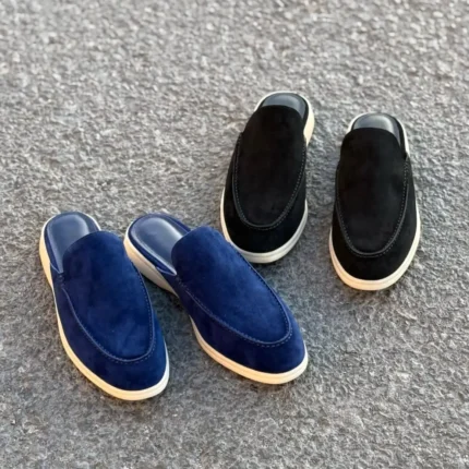 Loro Piana Suede Babouche Shoes – Navy & Black Slip-On Styles with Rounded Toe in Dubai UAE