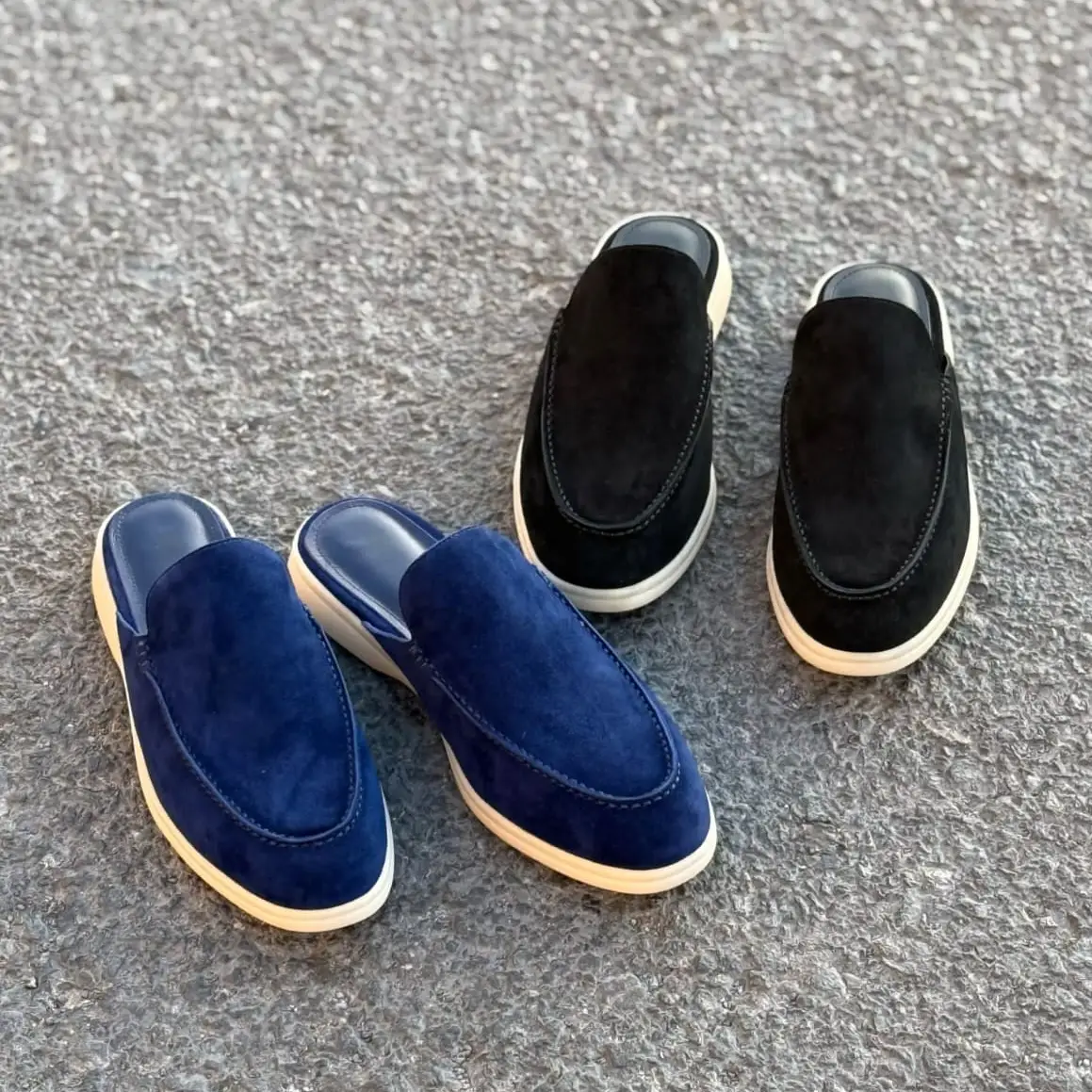 Loro Piana Suede Babouche Shoes – Navy & Black Slip-On Styles with Rounded Toe in Dubai UAE Loro Piana Suede Babouche Shoes – Navy & Black Slip-On Styles with Rounded Toe in Dubai UAE