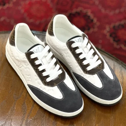 Louis Vuitton Men’s Sneakers – White Monogram Leather with Gray Suede Toe & Brown Leather Accents in Dubai UAE