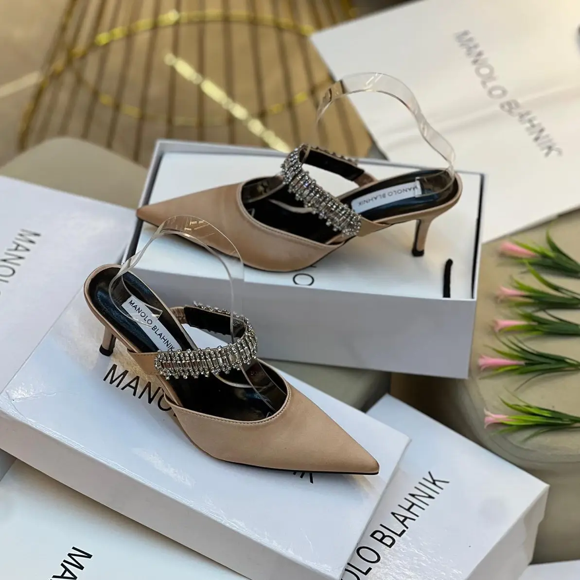 Manolo Blahnik Hangisi Satin Heels – Iconic Crystal-Embellished Designer Pumps in Dubai UAE