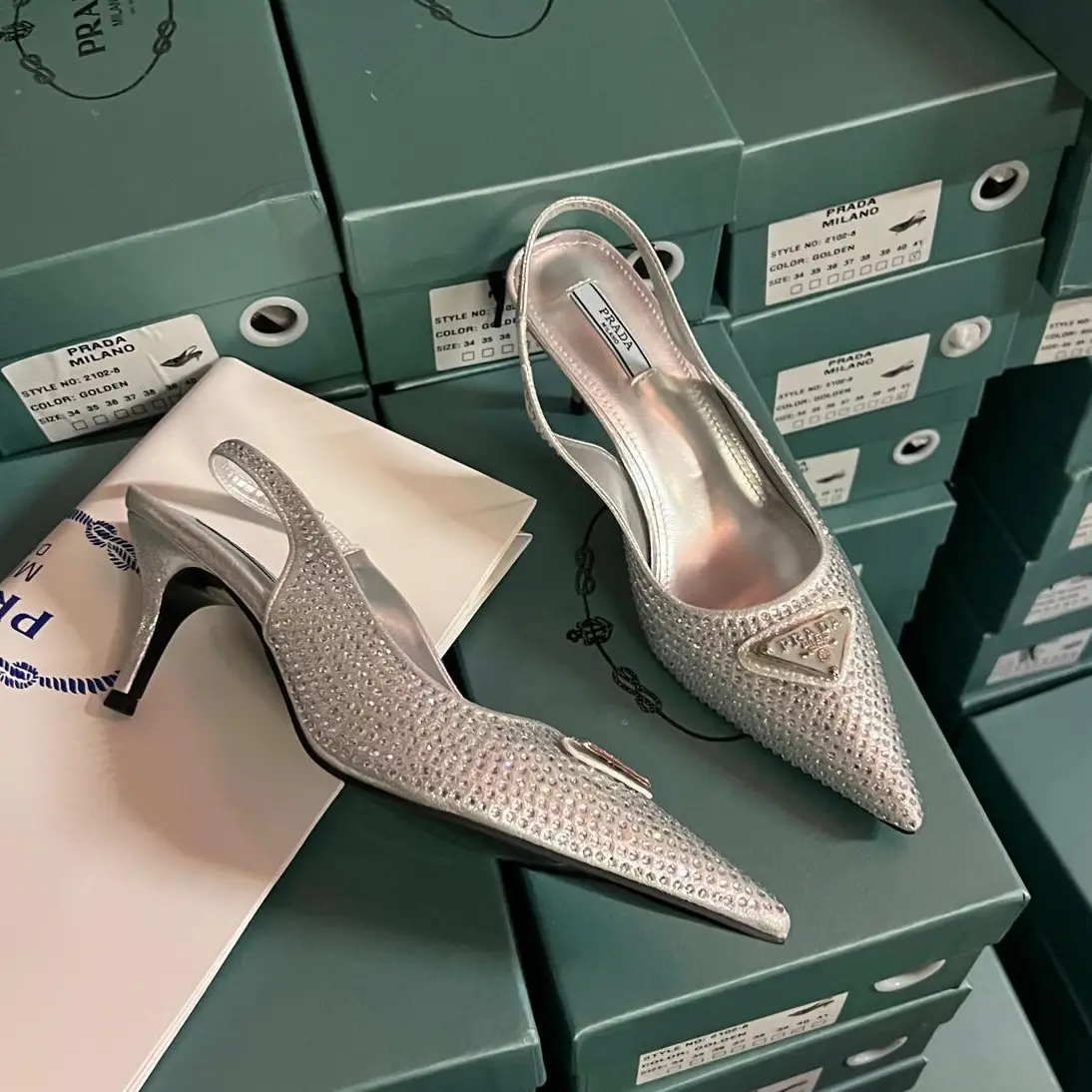 Prada Crystal-Embellished Slingback Pumps – Sparkling Designer Heels with Pointed Toe in Dubai UAE Prada Crystal-Embellished Slingback Pumps – Sparkling Designer Heels with Pointed Toe in Dubai UAE