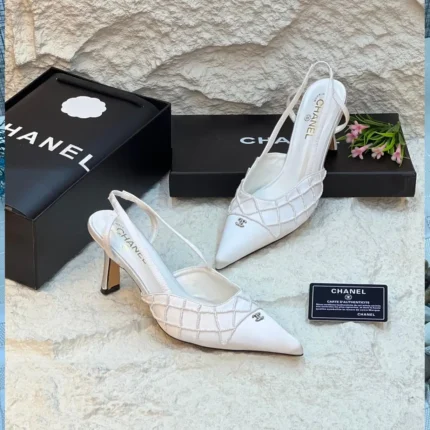 White Chanel Woven Slingback Heels – Elegant Designer Heels with Iconic Logo in Dubai UAE