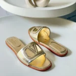Women's Valentino Garavani VLogo Leather Slide Sandals – Metallic Designer Slides in Dubai UAE