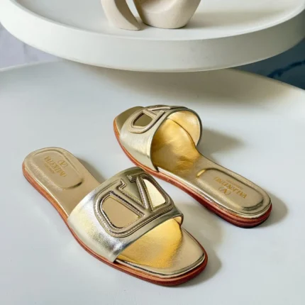 Women's Valentino Garavani VLogo Leather Slide Sandals – Metallic Designer Slides in Dubai UAE