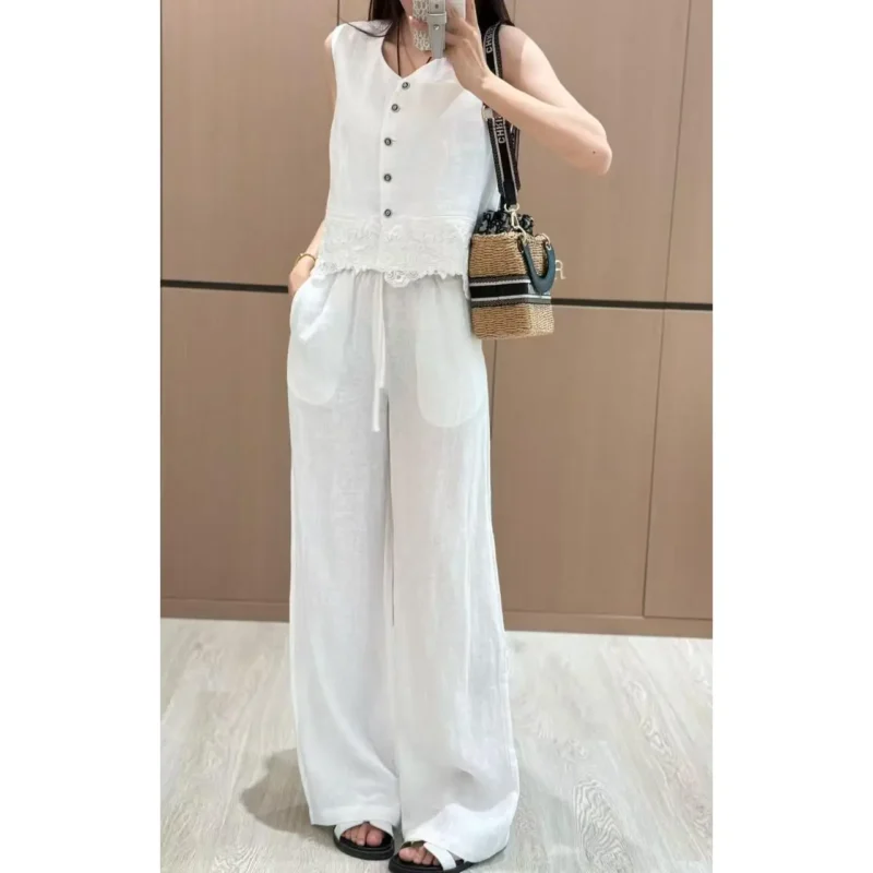2-Piece Linen Vest and Wide-Leg Pant Set – Lightweight Summer Outfit with Lace Detail in Dubai UAE