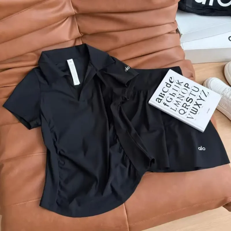 Alo Yoga Black Polo Shirt & Skort Set – Stylish Women's Athleisure Outfit in Dubai UAE