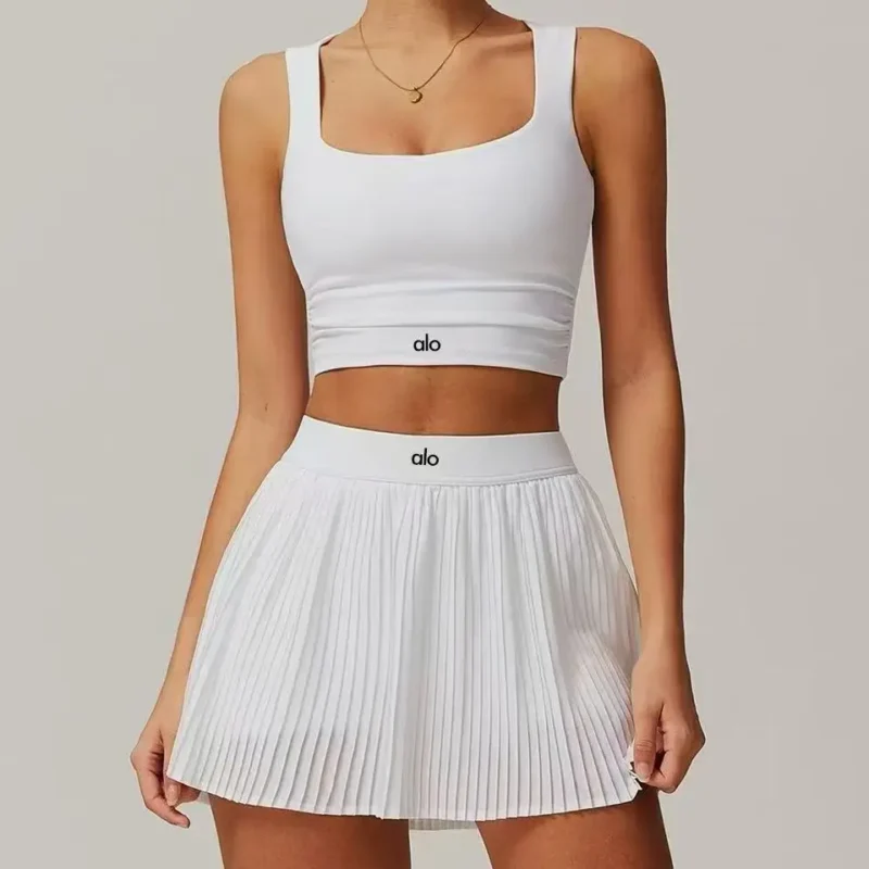 AloTwo-Piece Athletic Set – Square-Neck Crop Top & Pleated Mini Skirt for Tennis and Yoga in Dubai UAE