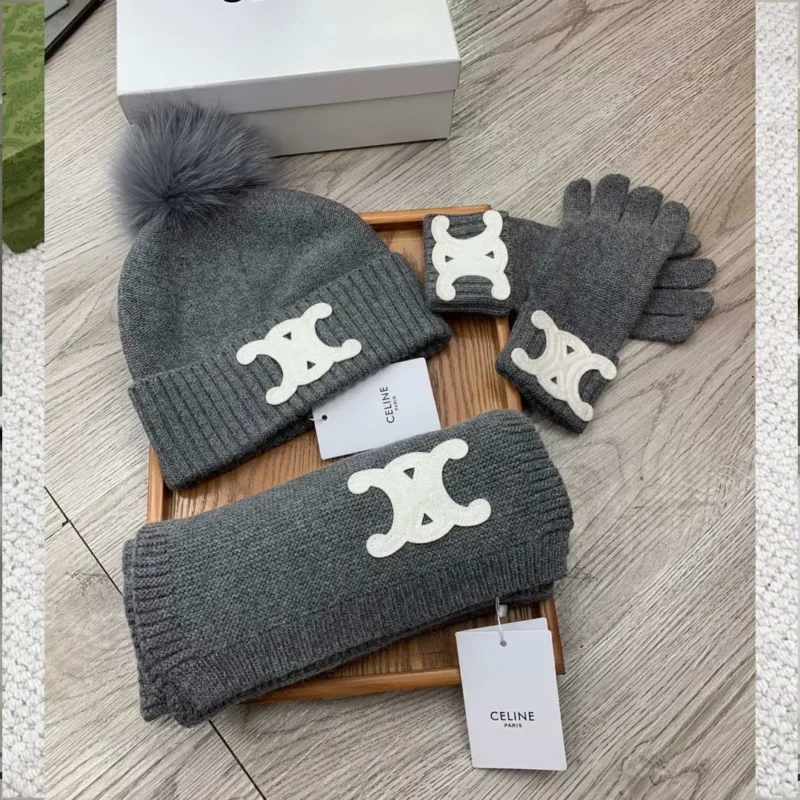 Celine Ribbed Wool Scarf Set – Beanie, Scarf & Gloves with Celine Logo Patch in Dubai UAE