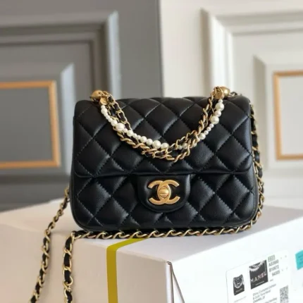Chanel 24P Pearl Twist Chain Square Mini Flap Bag – Black Quilted Leather with Gold & Pearl Accents in Dubai UAE