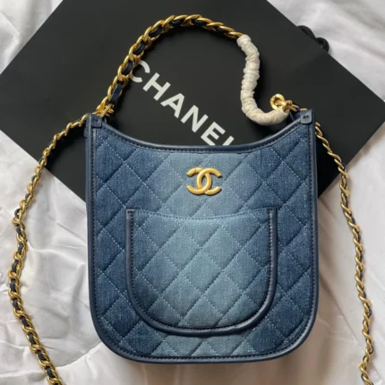 Chanel 24S Hobo Bag – Quilted Denim with silver Chain and Versatile Wear in Dubai UAE