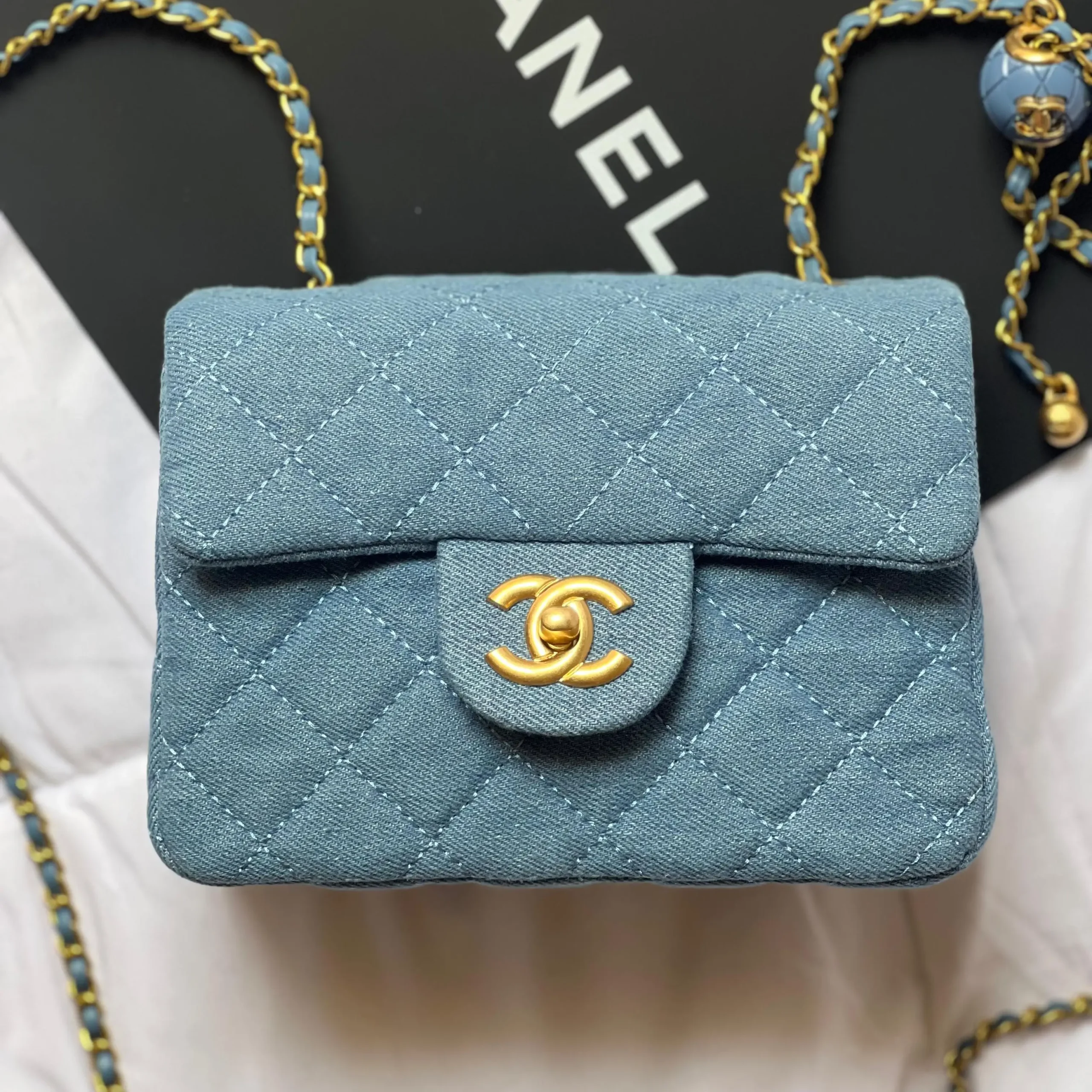 Chanel Denim Mini Flap Bag – Iconic Quilted Design with Chain Strap in Dubai UAE Chanel Denim Mini Flap Bag – Iconic Quilted Design with Chain Strap in Dubai UAE