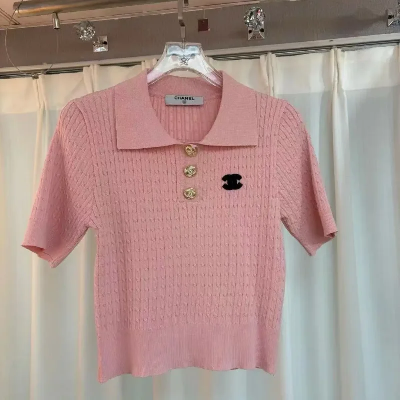 Chanel Pink Knit Polo Shirt with Iconic CC Logo – Luxury Designer Top in Dubai UAE