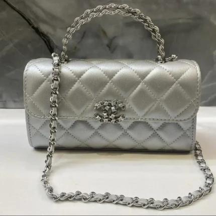 Chanel Silver Metallic Quilted Hobo Bag with Chain Strap and Signature Logo in Dubai UAE