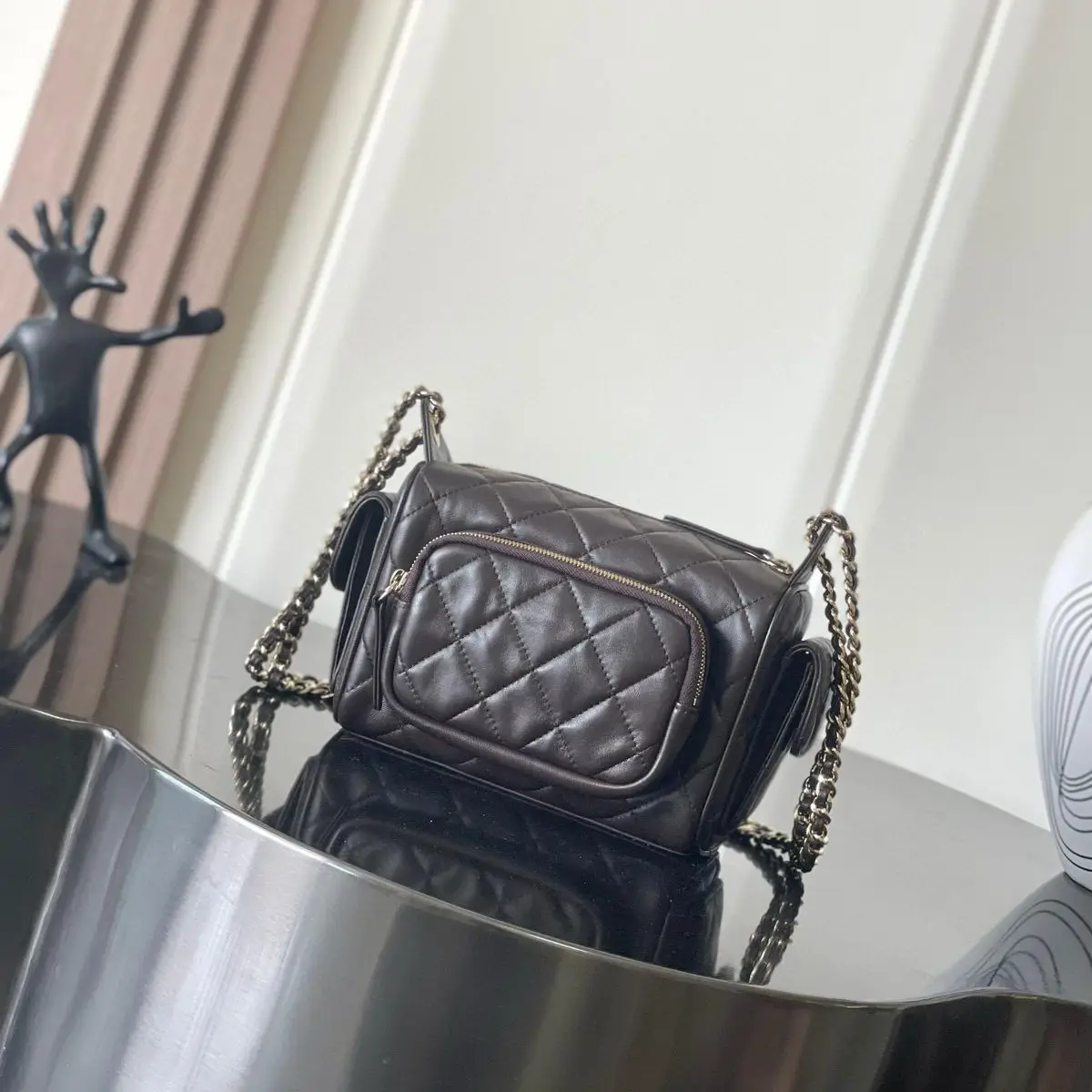 Chanel Small Camera Bag in Dark Brown Quilted Leather with Silver Chain Strap Chanel Small Camera Bag in Dark Brown Quilted Leather with Gold Chain Strap