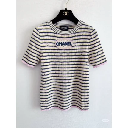 Chanel Striped Short-Sleeved T-Shirt – Cotton Top with Logo Oval Patch in Dubai UAE