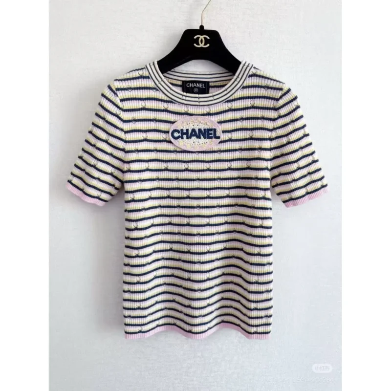 Chanel Striped Short-Sleeved T-Shirt – Cotton Top with Logo Oval Patch in Dubai UAE