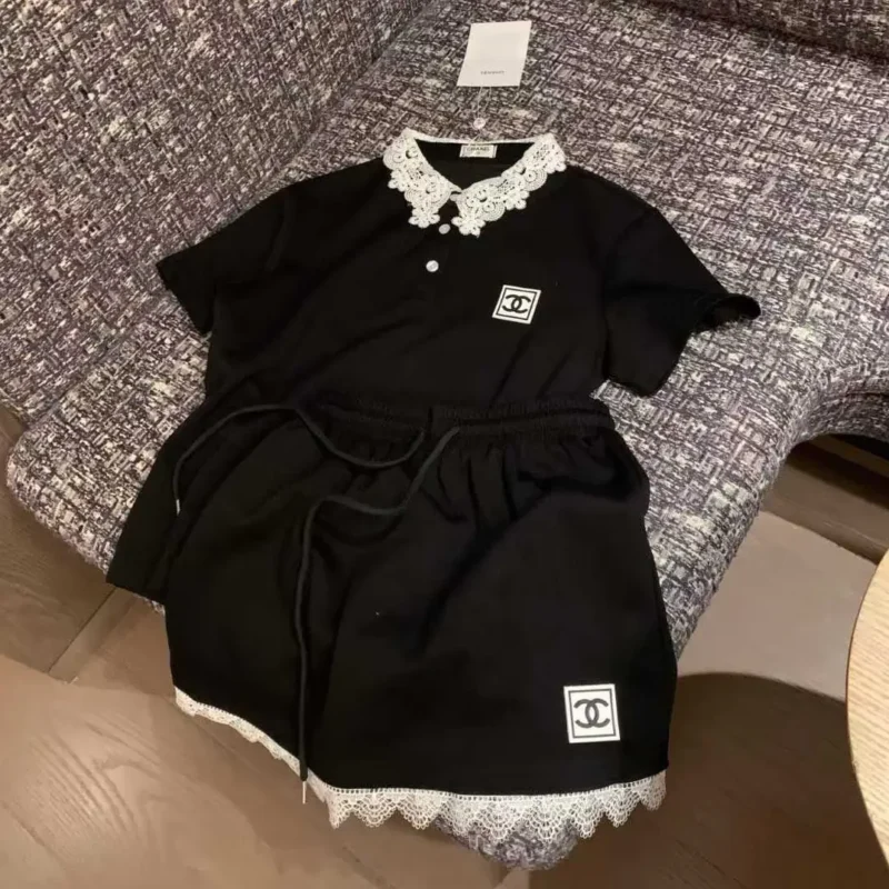 Chanel Two-Piece Set with White Lace Collar & Trim – Iconic CC Logo Ensemble in Dubai UAE