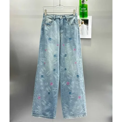 Chanel Women's Floral Print Jeans – Wide-Leg Cotton Blend with Iconic CC Logo in Dubai UAE