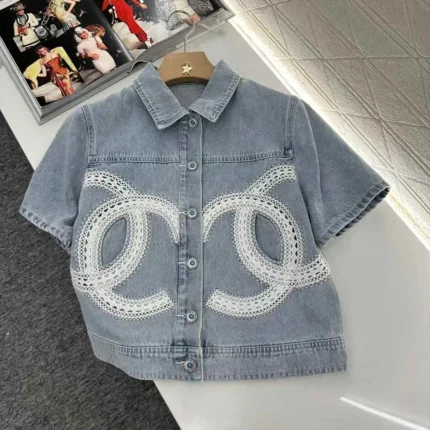 Chanel Women’s Short-Sleeved Denim Jacket – Embroidered CC Logo Front Detail in Dubai UAE