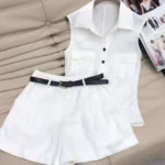 Chic Two-Piece Sleeveless Collared Top & Belted Shorts Co-Ord Set for Women in Dubai UAE