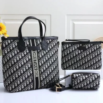 Christian Dior 3-in-1 Combo Set – Tote Bag & Pouches in Black Beige Oblique Jacquard in Dubai UAE