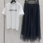 Christian Dior White Logo T-Shirt & Black Midi Skirt Set – Designer Branded Separates in Dubai UAE