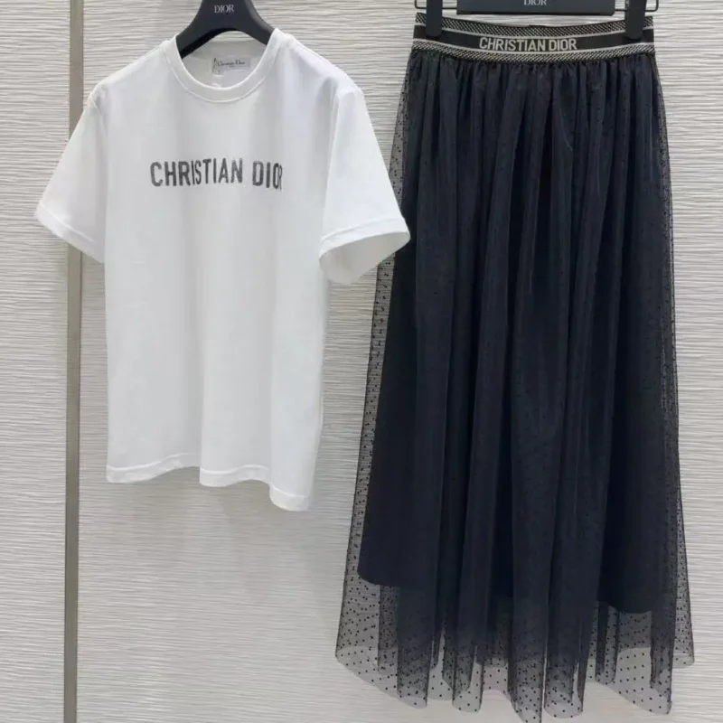Christian Dior White Logo T-Shirt & Black Midi Skirt Set – Designer Branded Separates in Dubai UAE
