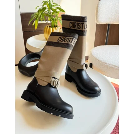 Dior D-Major Boots – Warm Taupe & Black Technical Fabric with Calfskin, CD Strap & Embroidered Logo in Dubai UAE