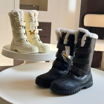 Dior Snow Boots – High-Top Velcro Strap Boots with Faux Fur Lining in Black & Beige in Dubai UAE