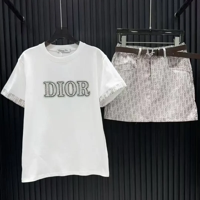 Dior Two-Piece Outfit – White Logo T-Shirt & Patterned Mini Skirt Set in Dubai UAE