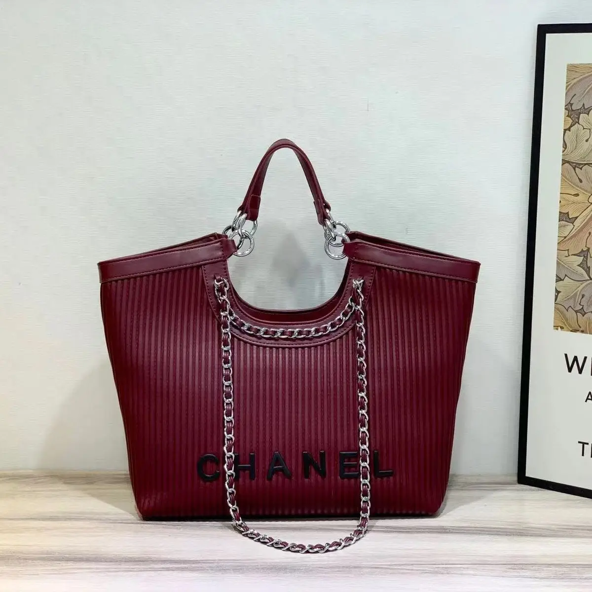 Elegant Burgundy Pleated Tote Bag with Chain Detail - Chanel-Inspired Style in Dubai UAE Elegant Burgundy Pleated Tote Bag with Chain Detail - Chanel-Inspired Style in Dubai UAE