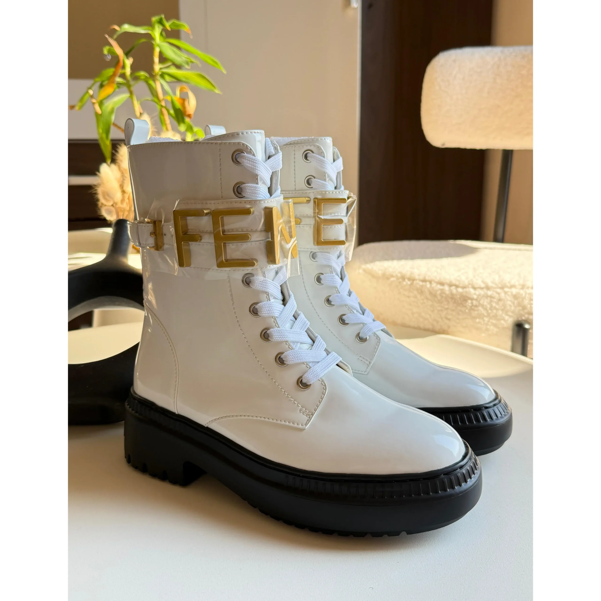 Fendi Fendigraphy Women’s White Leather Biker Boots – Combat Style & Black Platform Sole in Dubai UAE Fendi Fendigraphy Women’s White Leather Biker Boots – Combat Style & Black Platform Sole in Dubai UAE