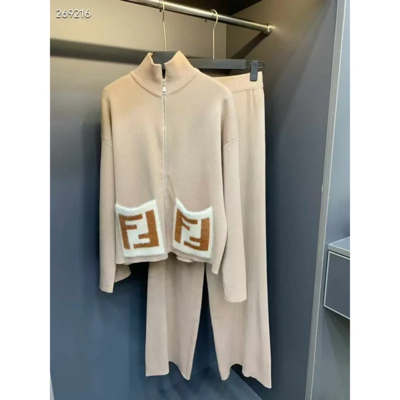 Fendi Women’s Wool-Blend Overcoat & Knitted Two-Piece Set – Iconic FF Logo Lounge and Track Suit in Dubai UAE